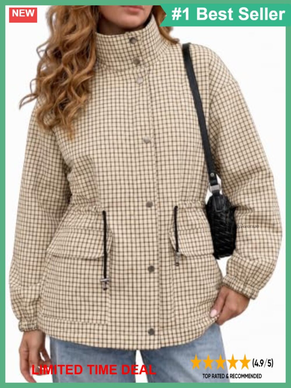 Plaid Zip Up Jacket Loose Fit Windproof Trench Coat Casual